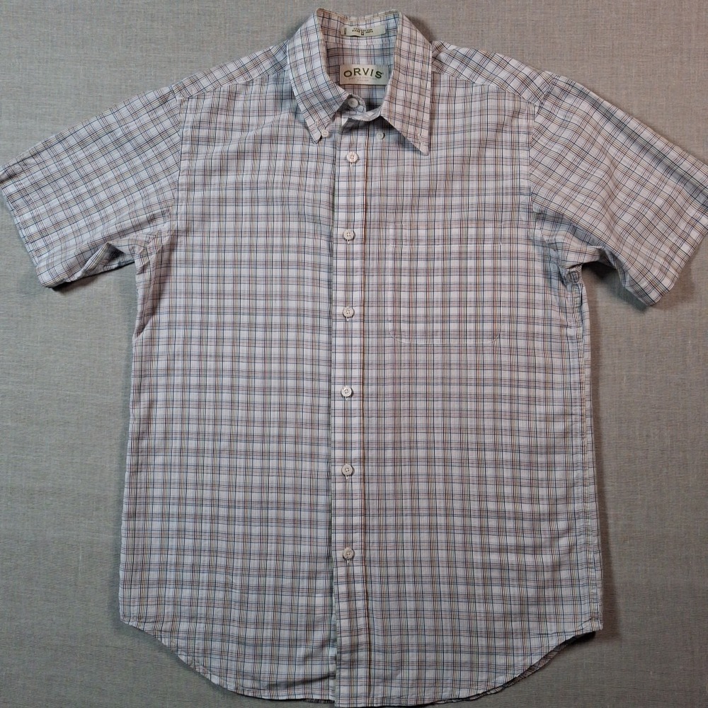 Orvis Button Down Shirt Mens Medium White Plaid Short Sleeve Cotton 18BT